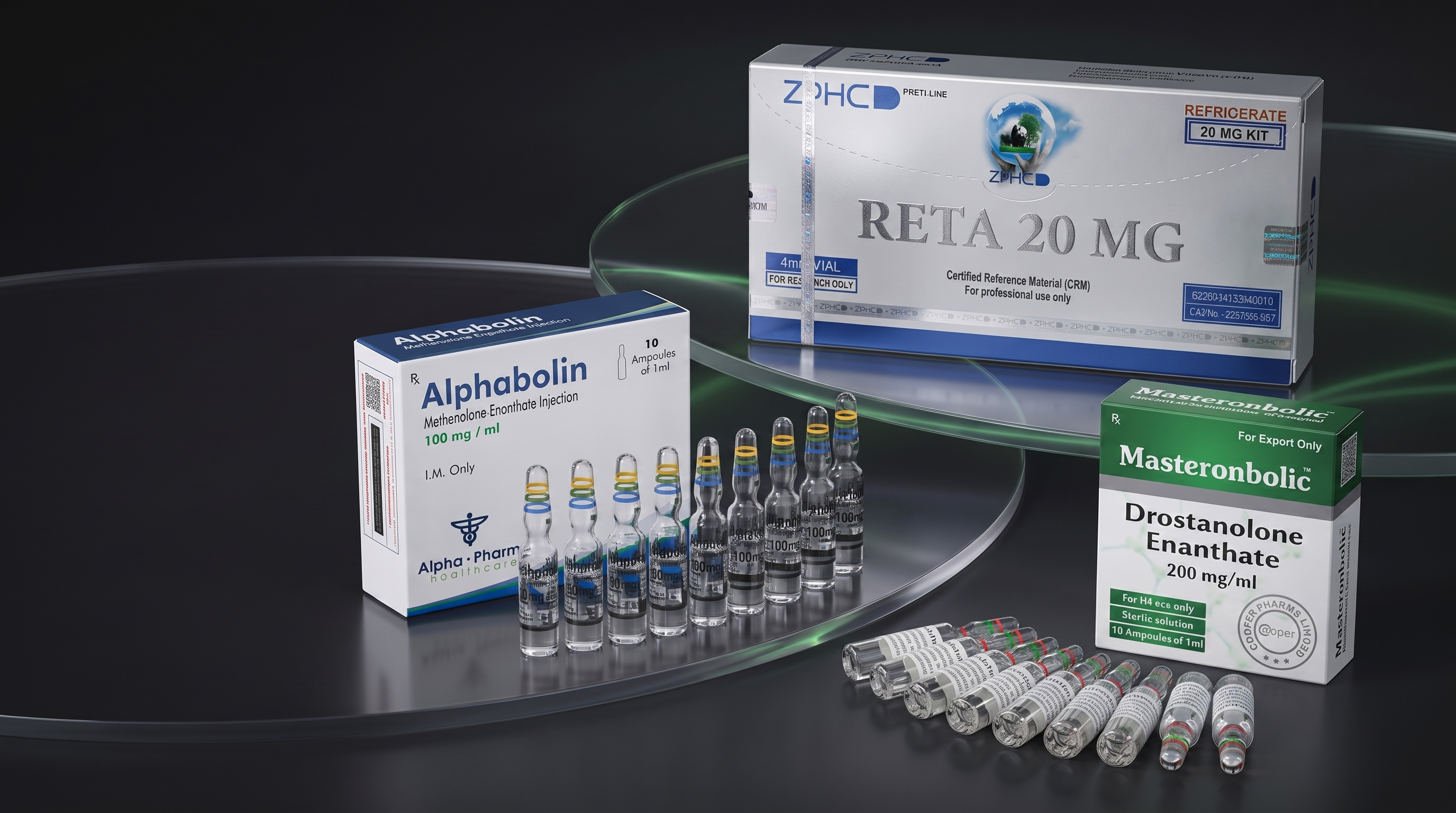 Reta 20 mg, Alphabolin e Masteronbolic em uma composição escura